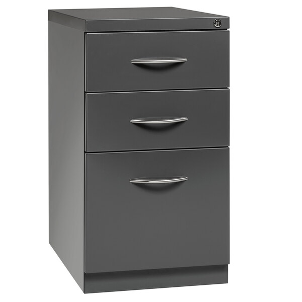a grey file cabinet with silver handles