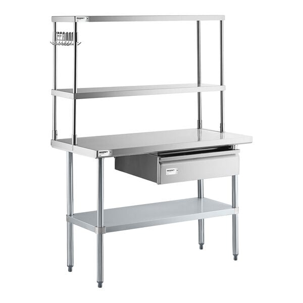 Regency 24" x 48" 18-Gauge 304 Stainless Steel Commercial Work Table with Undershelf, 12" Overshelf, Drawer, and Pot Rack