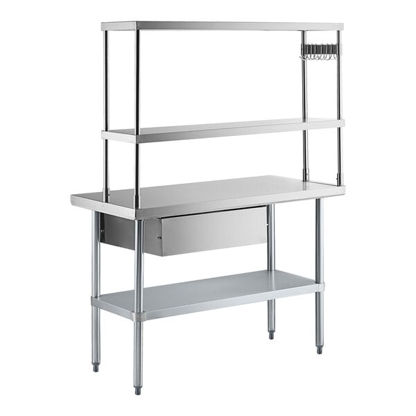 Regency 24" x 48" 18-Gauge 304 Stainless Steel Commercial Work Table with Undershelf, 12" Overshelf, Drawer, and Pot Rack