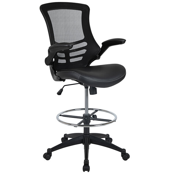 Flash Furniture BL-X-5M-D-BK-LEA-GG Mid-Back Black Mesh Drafting Stool with Flip-Up Arms and ...