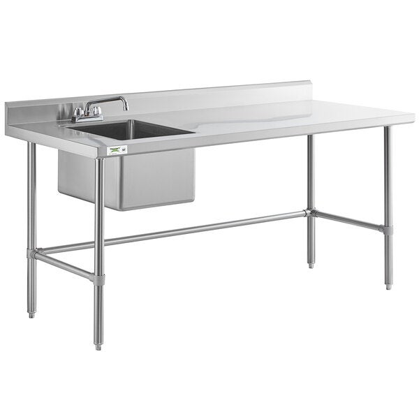 A stainless steel work table with a left-side sink, faucet, and cross bracing.