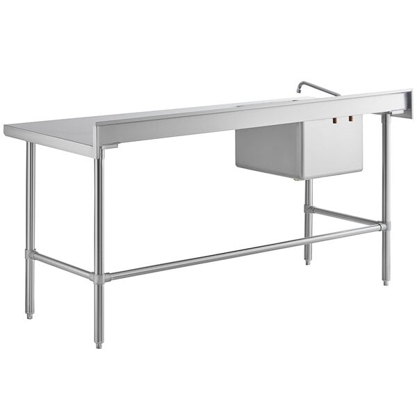 A stainless steel work table with a left-side sink, faucet, and cross bracing.