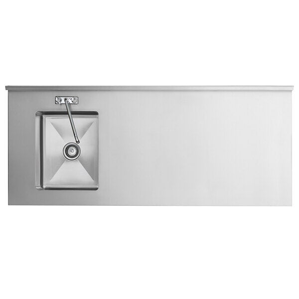 A stainless steel work table with a left-side sink, faucet, and cross bracing.