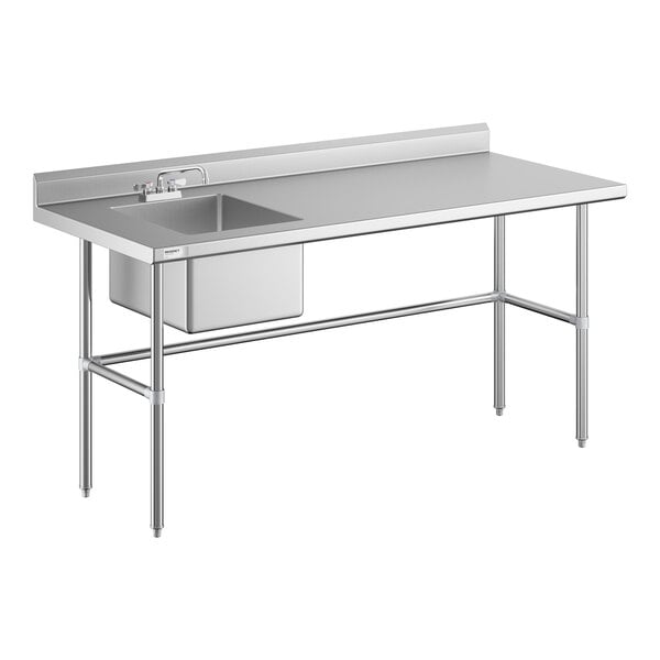 A stainless steel work table with a left-side sink, faucet, backsplash, and cross-braced legs.