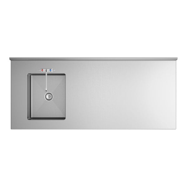 A stainless steel work table with a left-side sink basin and a faucet, viewed from above.