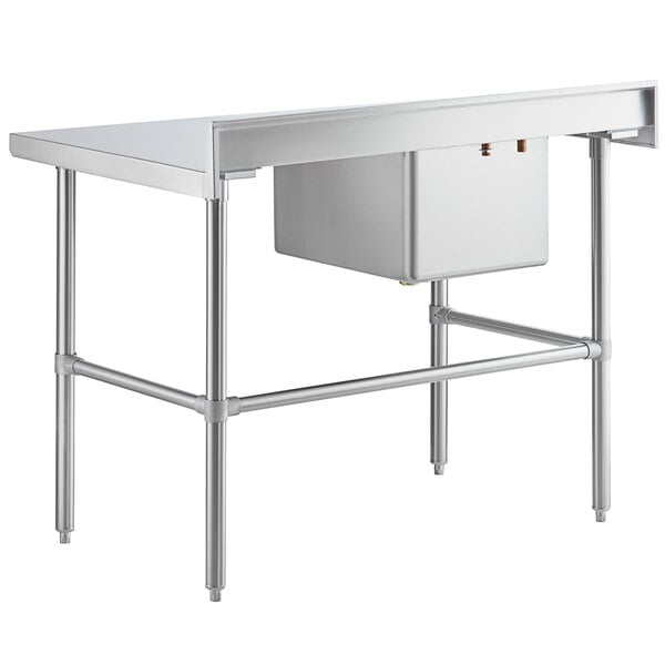 A Regency stainless steel work table with left sink and cross bracing.