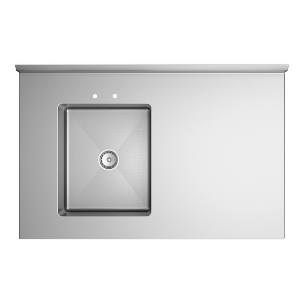 A stainless steel work table with a left-side integrated sink and cross bracing.