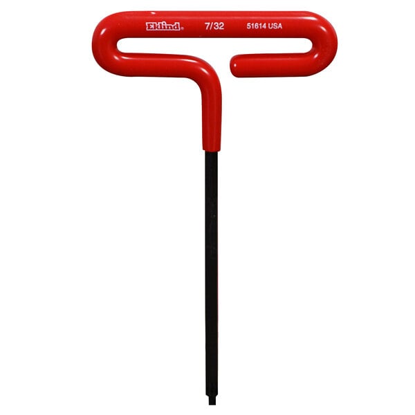 A black stick with a red T-handle and hex key.