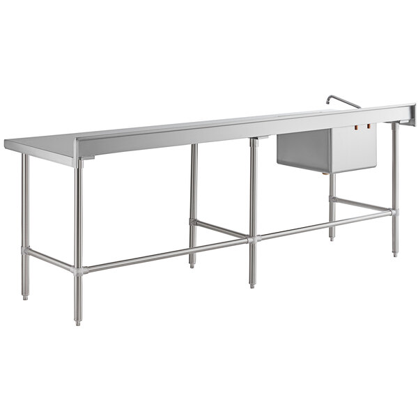 A long stainless steel work table with a left-side sink, faucet, and cross bracing.