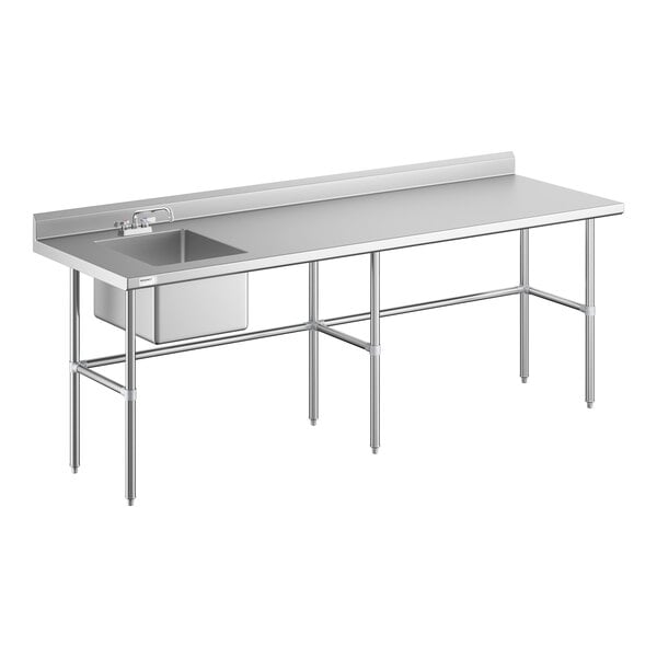 A stainless steel work table with a left-side sink, faucet, backsplash, and cross-braced legs.