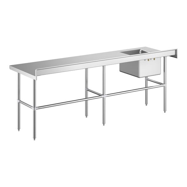 A long stainless steel work table with a left-side sink, faucet, and cross-braced legs.