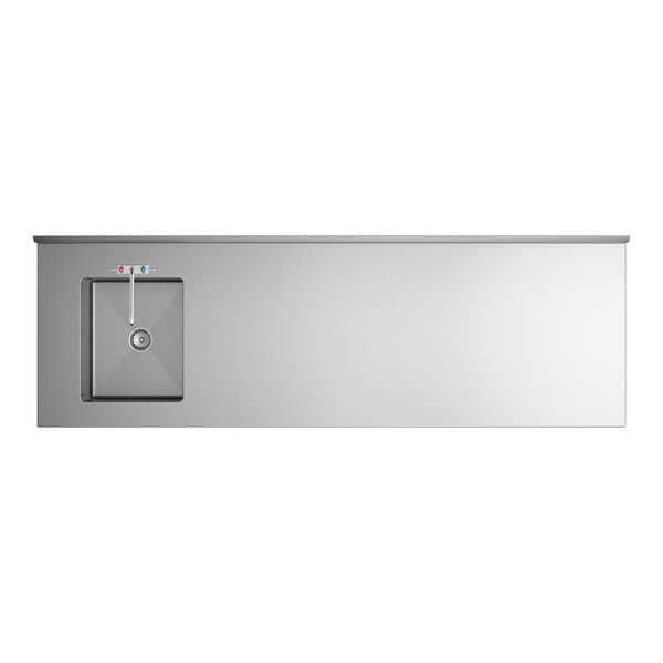 A stainless steel work table with a left-side sink and faucet, featuring a smooth surface and minimalist design.