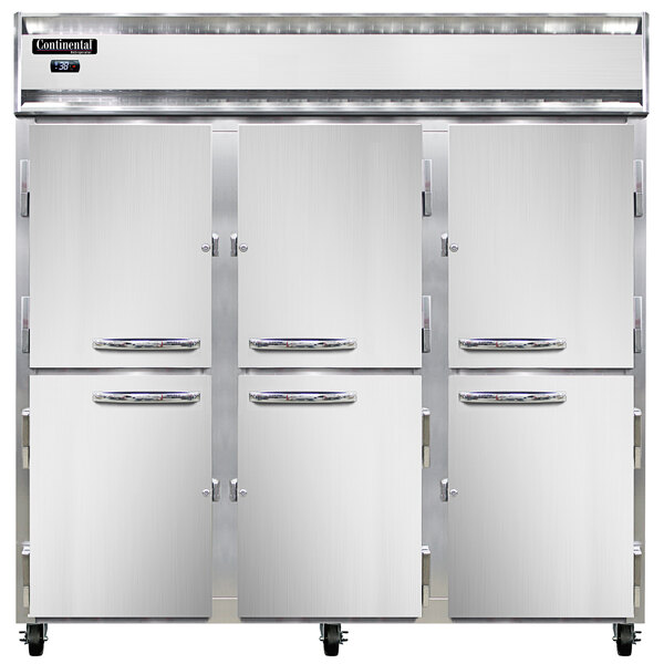 A Continental Refrigerator with three open stainless steel half doors.
