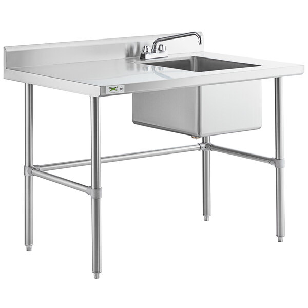 A stainless steel work table with a right-side sink, faucet, and cross bracing.