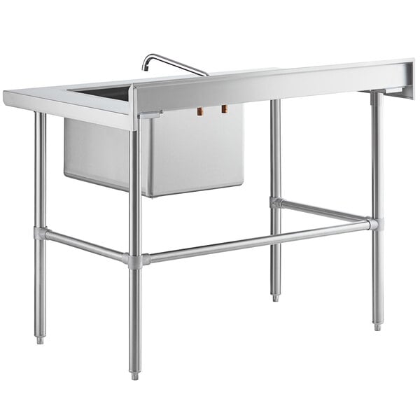 A stainless steel work table with a right-side sink, faucet, and cross bracing.