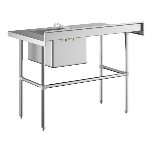 A stainless steel work table with a right-side sink, faucet, and cross-braced legs.