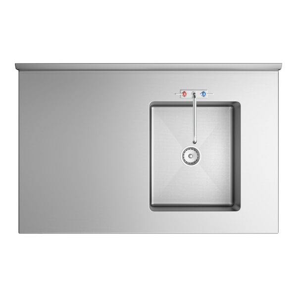 A stainless steel work table with a right-side integrated sink, faucet, and hot and cold water controls.