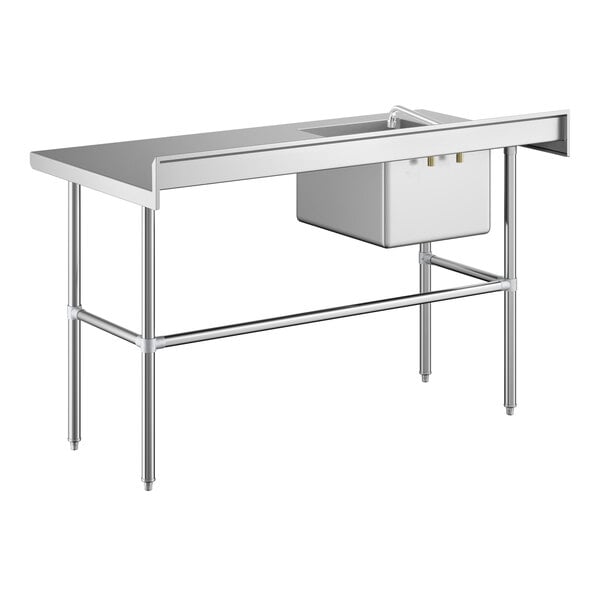 A stainless steel work table with a left-side sink, faucet, and cross-braced legs.