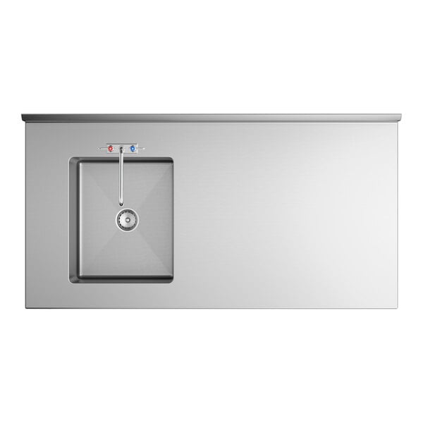 A stainless steel work table with a left-side integrated sink, faucet, and two handles for hot and cold water.