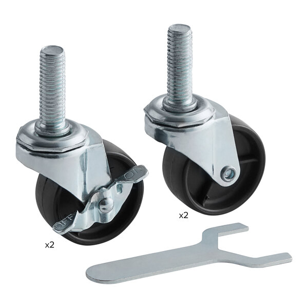 A set of four 3-inch casters with threaded stems, two with brakes and two without, along with a metal wrench.