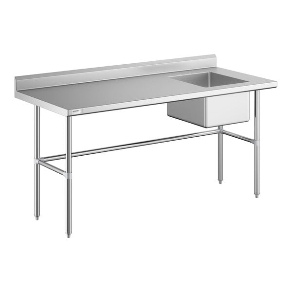 A stainless steel work table with a right-side sink and cross bracing.