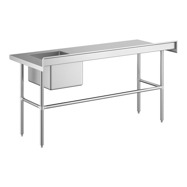 A stainless steel work table with a right-side sink and cross bracing.
