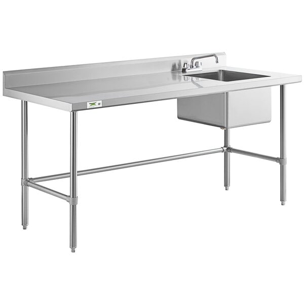 A stainless steel work table with a right-side sink, faucet, and cross bracing.