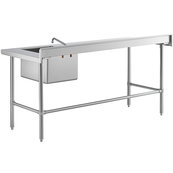 A stainless steel work table with a right-side sink, faucet, and cross bracing.