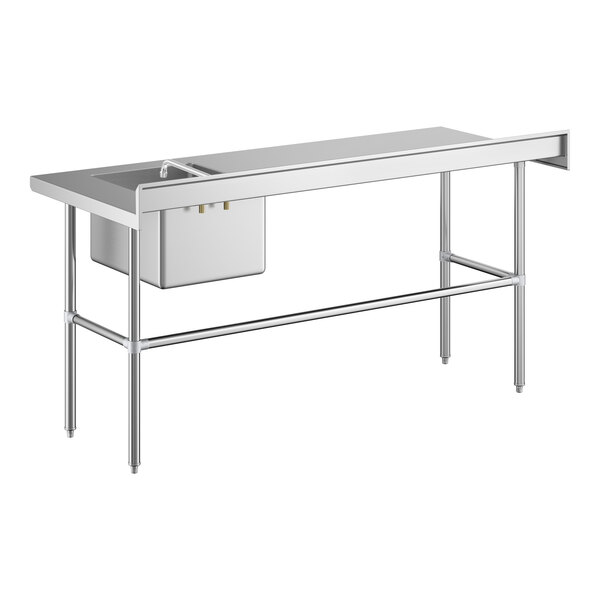 A stainless steel work table with a right-side sink, faucet, and cross bracing, supported by four metal legs.