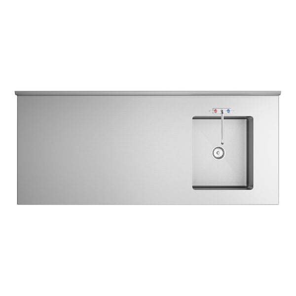 A stainless steel work table with a right-side integrated sink and faucet, featuring a minimalist design.