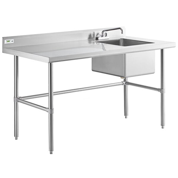 A stainless steel work table with a right-side sink, faucet, and cross bracing.