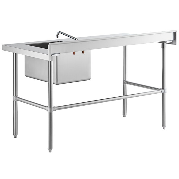A stainless steel work table with a right-side sink, faucet, and cross bracing.