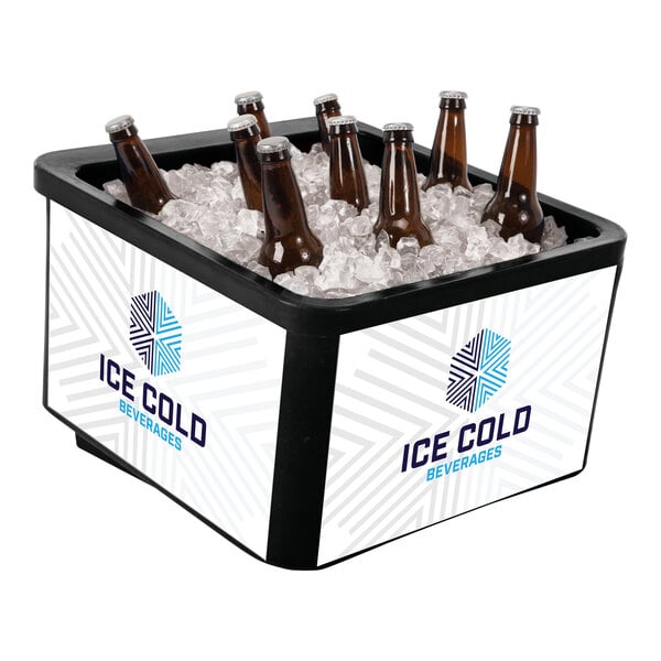 A black IRP countertop cooler with brown beer bottles in ice.
