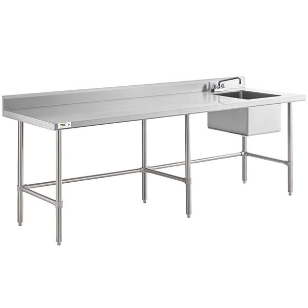 A stainless steel work table with a right-side sink, faucet, and cross bracing.