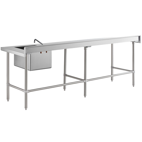 A long stainless steel work table with a right-side sink, faucet, and cross bracing.