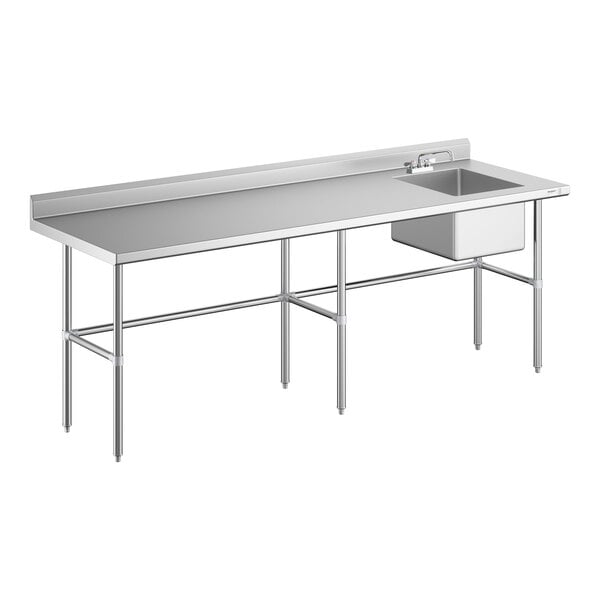 A stainless steel work table with a right-side sink, faucet, and cross-braced legs.