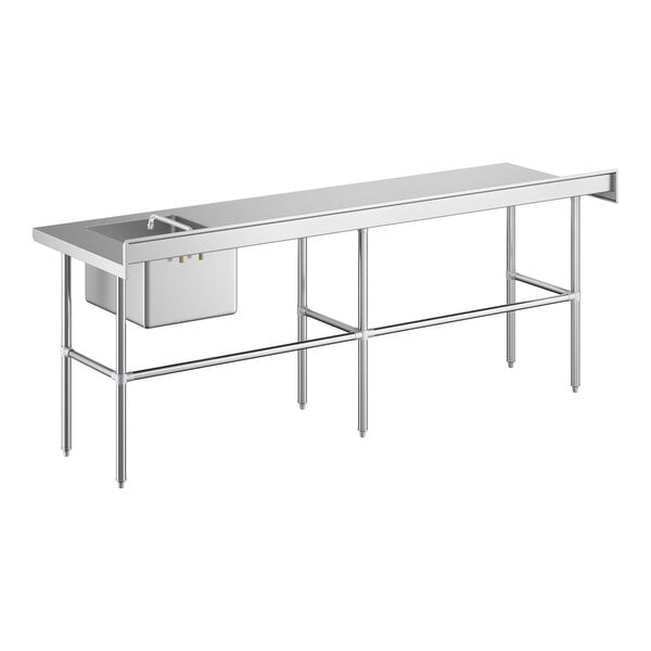 A long stainless steel work table with a right-side sink, faucet, and cross-braced legs.