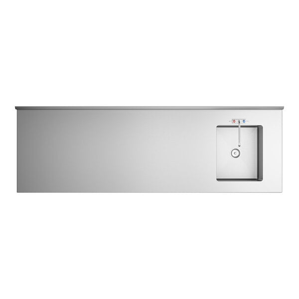 A stainless steel work table with a right-side sink and faucet, featuring a minimalist design.