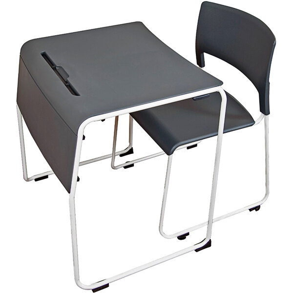 A Luxor grey stackable desk and chair set with powder-coated steel frames.