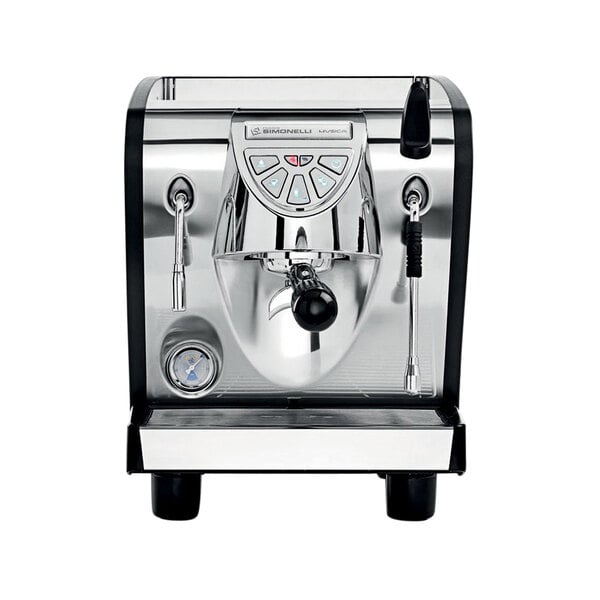 A silver and black Nuova Simonelli Musica pour over espresso machine.