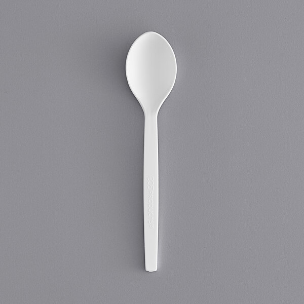 An individually wrapped white Eco-Products renewable plant starch spoon.