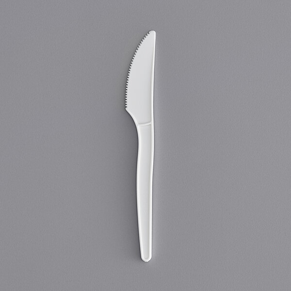 An Eco-Products renewable plant starch knife with a white handle on a gray surface.