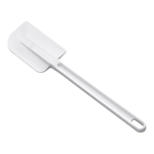 A white plastic spatula with a long handle and a flat, flexible blade.