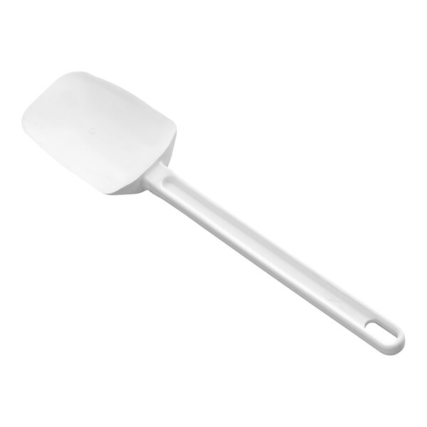 A white 13 1/2-inch spoonula with a soft, flexible head and a long handle.