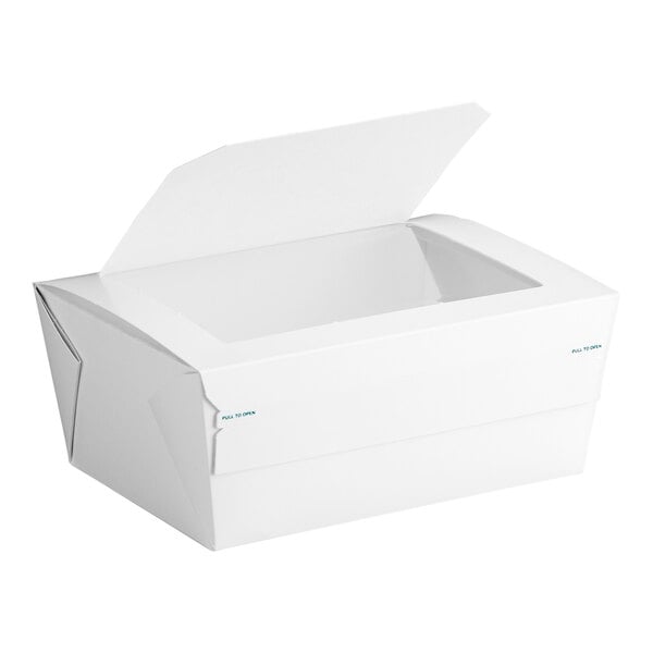 A white paper take-out container with a clear window and a tamper-evident design.