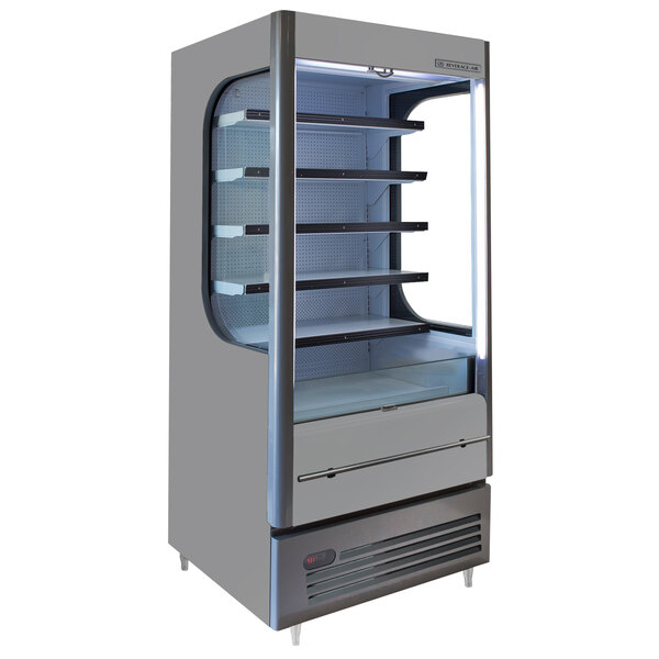 A Beverage-Air gray VueMax air curtain merchandiser with shelves inside.