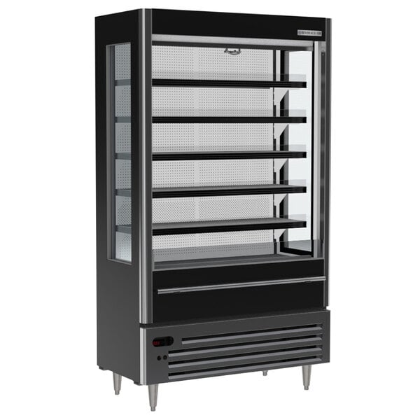 A black Beverage-Air air curtain merchandiser with glass doors.