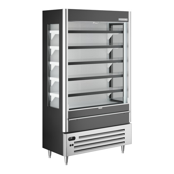 A Beverage-Air black refrigerated VueMax display case with glass doors.