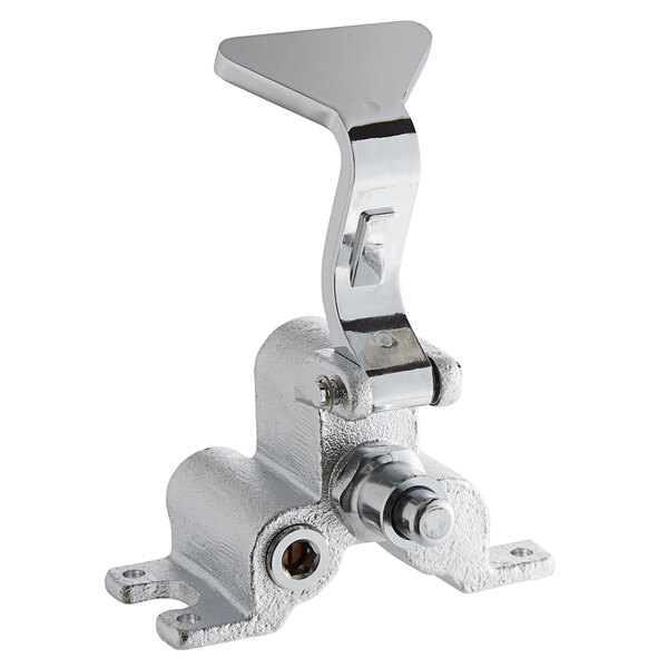 A silver metal foot pedal valve with a lever.