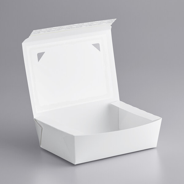 A close up of a Bio-Pak white windowed take-out box.